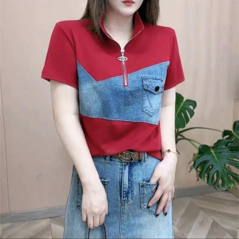 Spring and Summer New Fashionable Women\'s Patchwork Pockets Zipper Stand Collar Slim All-match Casual Short Sleeve T-shirts Tops