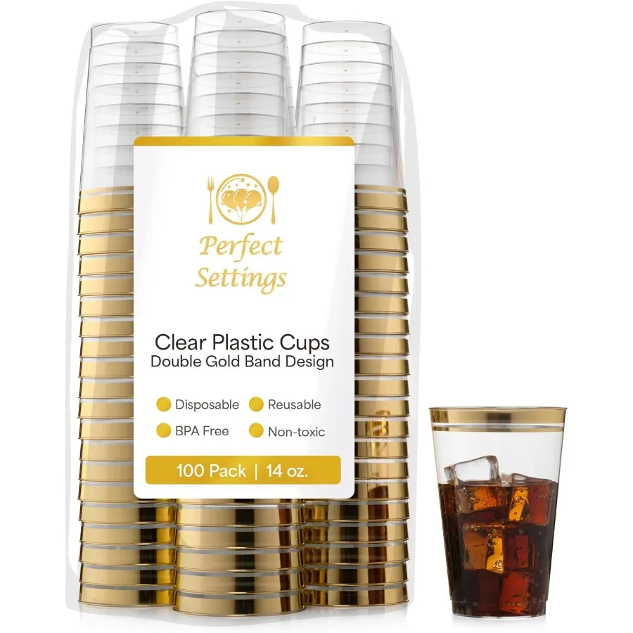 

Идеальные настройки, одноразовые пластиковые стаканчики премиум-класса с двойной золотой оправой, прочные прозрачные пластиковые стаканы для питья для холодных напитков C