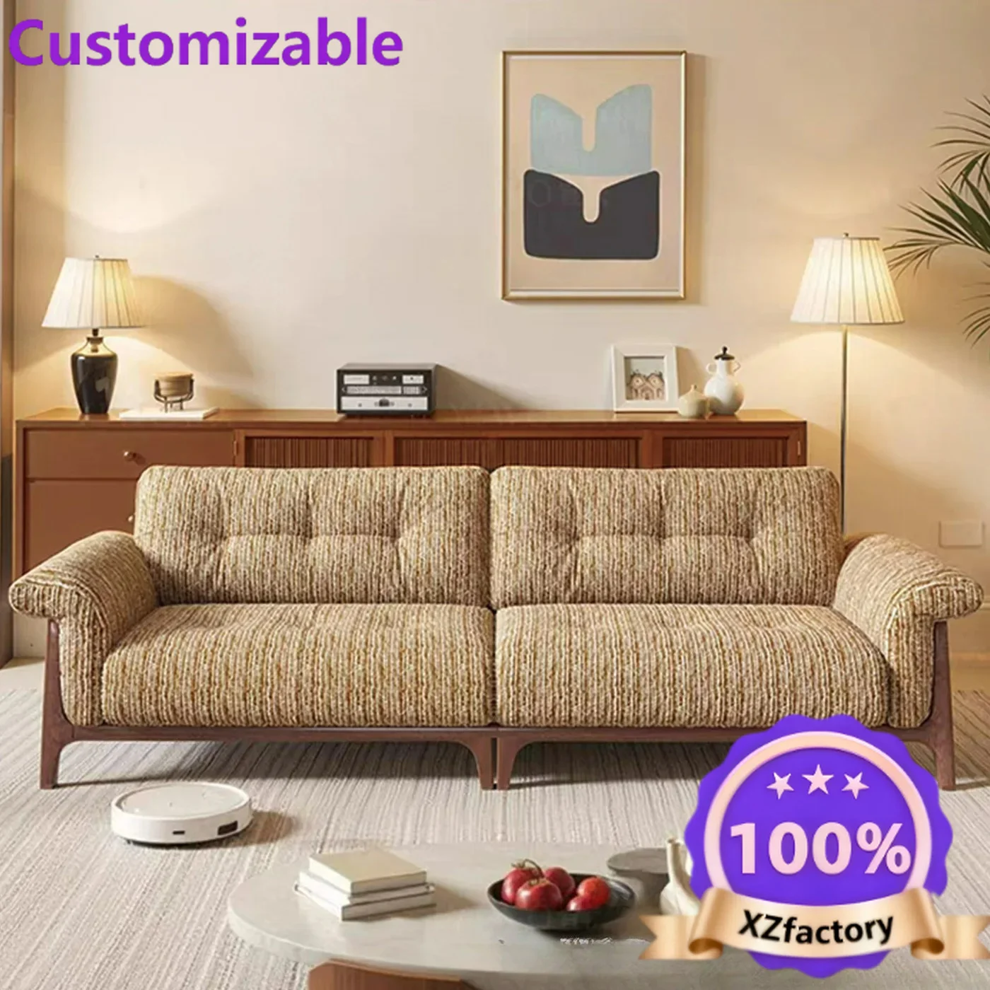 Factory Direct 2026 New French retro villa living room Asian cotton linen fabric sofa Modern simple solid wood segmented straigh