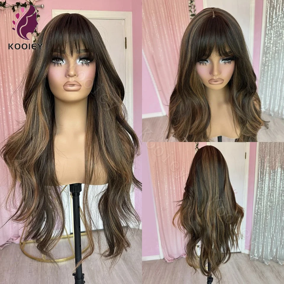 

Dark Brown Body Wave 13x6 HD Transparent Lace Frontal 1b/27 Highlight Ombre Colored With Bangs 13x4 Lace Front Human Hair Wig