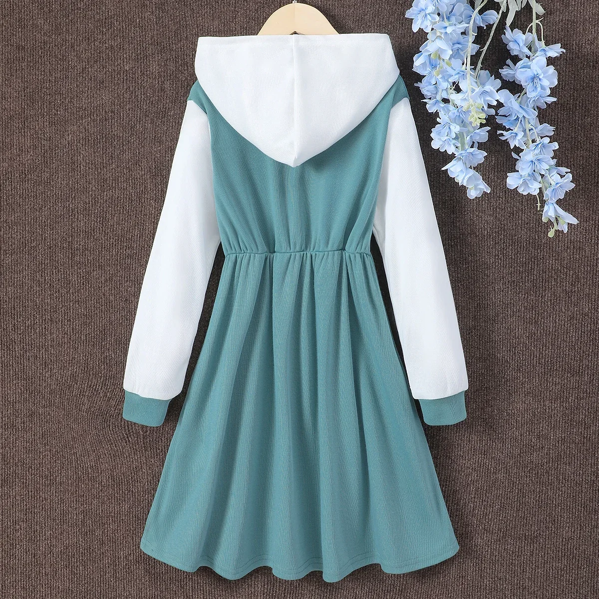Girls Dresses 2024 Autumn Winter Long Sleeve Hooded Contrast Color Casual Simple for 8 9 10 11 12 Years