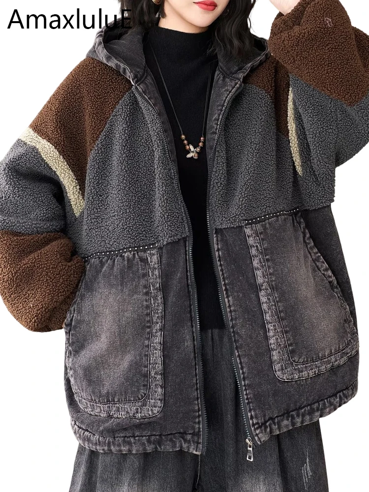 

Amax LuluE Winter Vintage Denim Parkas Ladies Fashion Hooded Padded Fur Jackets Womens Loose Casual Warm Coats Thicken Outerwear