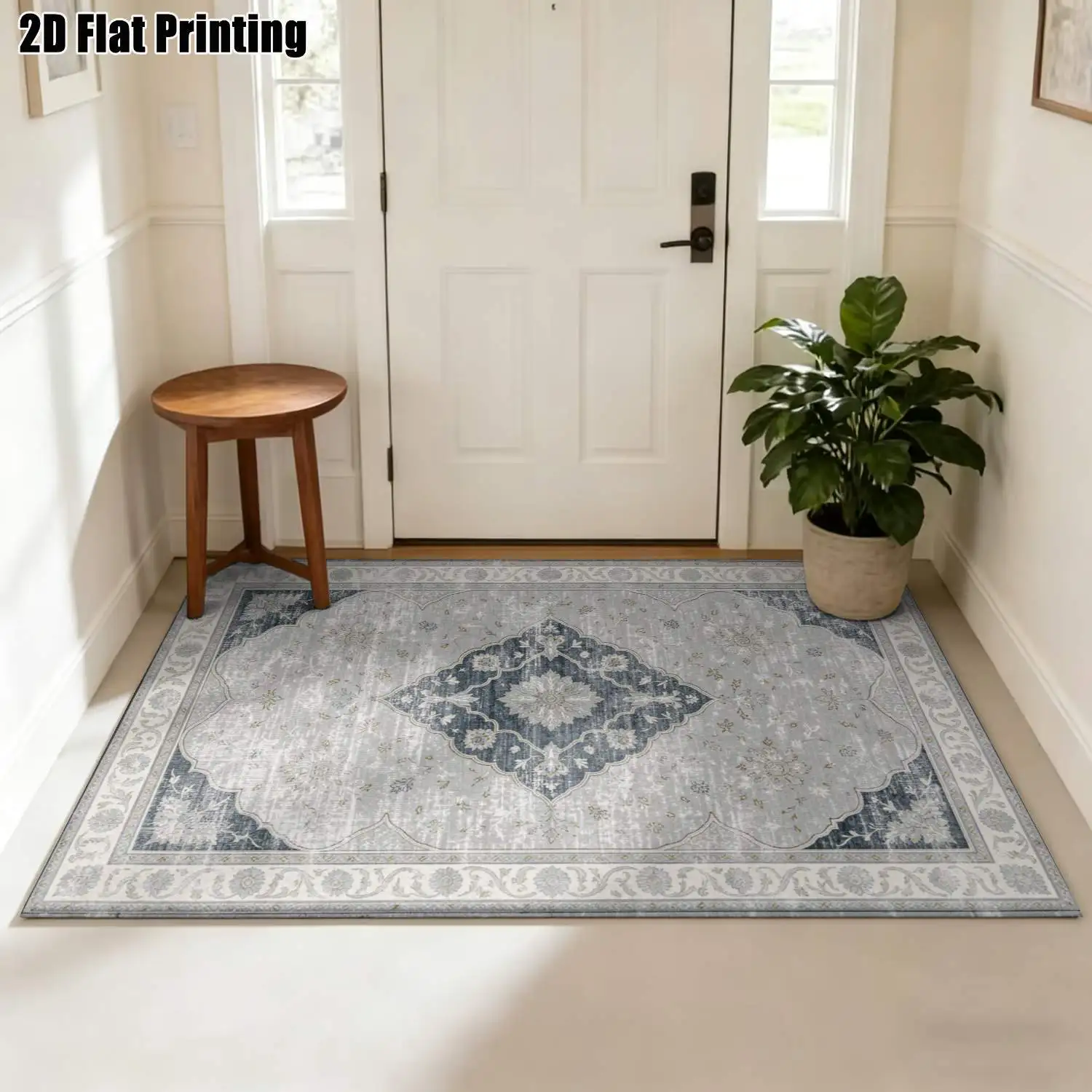 1Pc 2D Printed Carpet: Blue-Grey Retro Geometric Floral Pattern, European Style for Home Decor, Multiple Sizes, Machine Washable, Suitable for Living Room, Bedroom, Dining Room, Entrance, Study