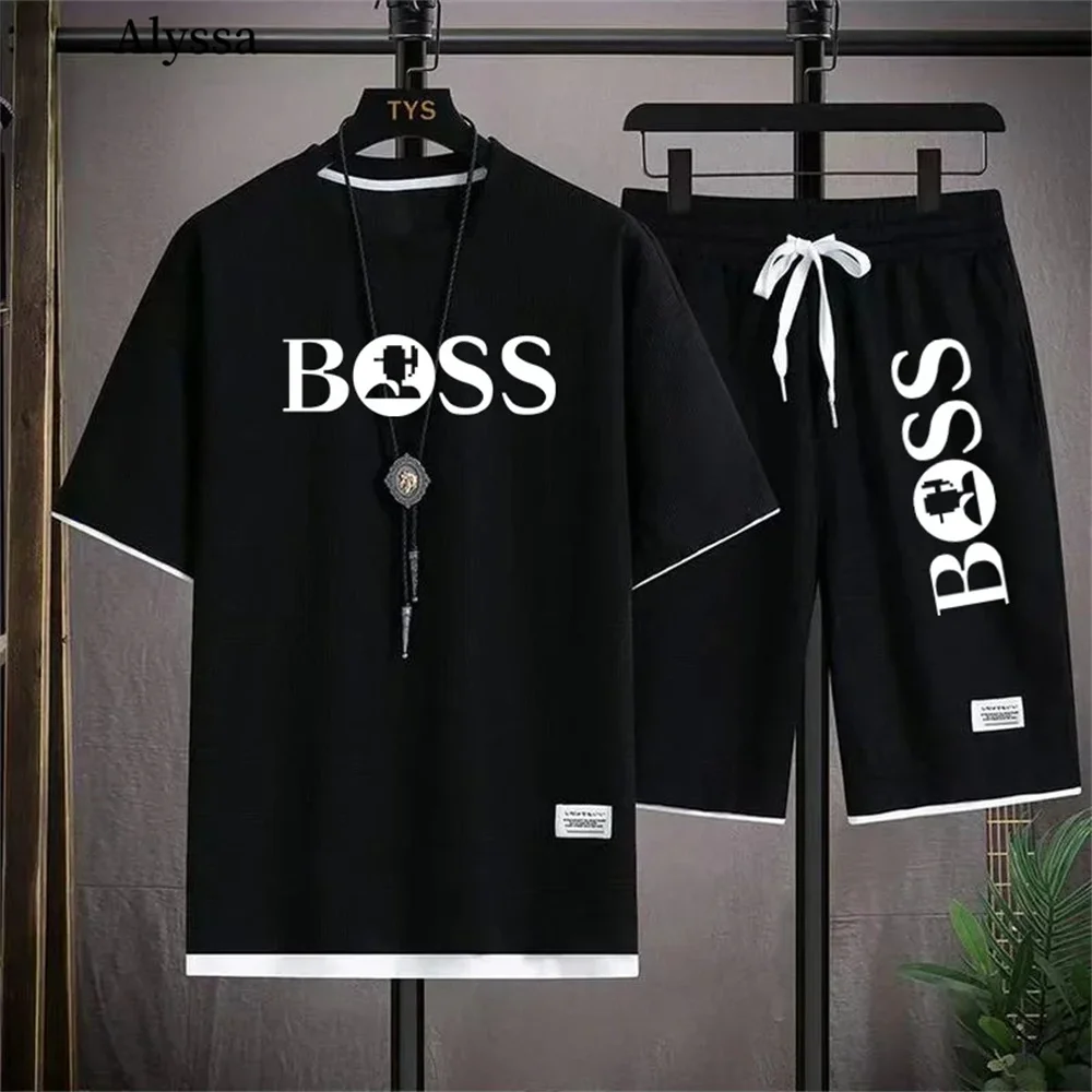 

Mens Luxury Clothes Summer Short-Sleeved Sportswear Set Men's Fitness Fashion T-Shirt + Shorts 2-Piece Set Brand High Quality