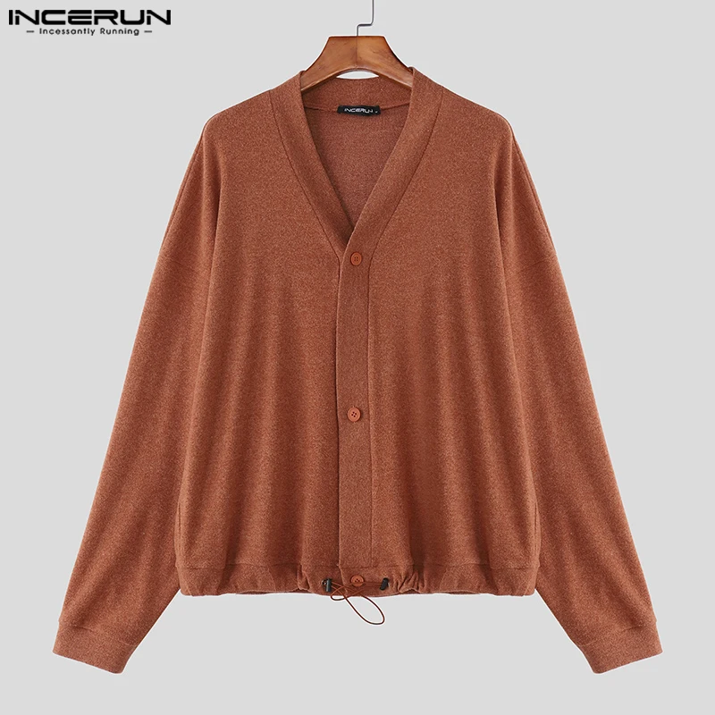 

INCERUN Men Cardigan Solid Color V Neck Long Sleeve Button Casual Male Sweater Streetwear Knitted 2025 Fashion Sweater Coats Men