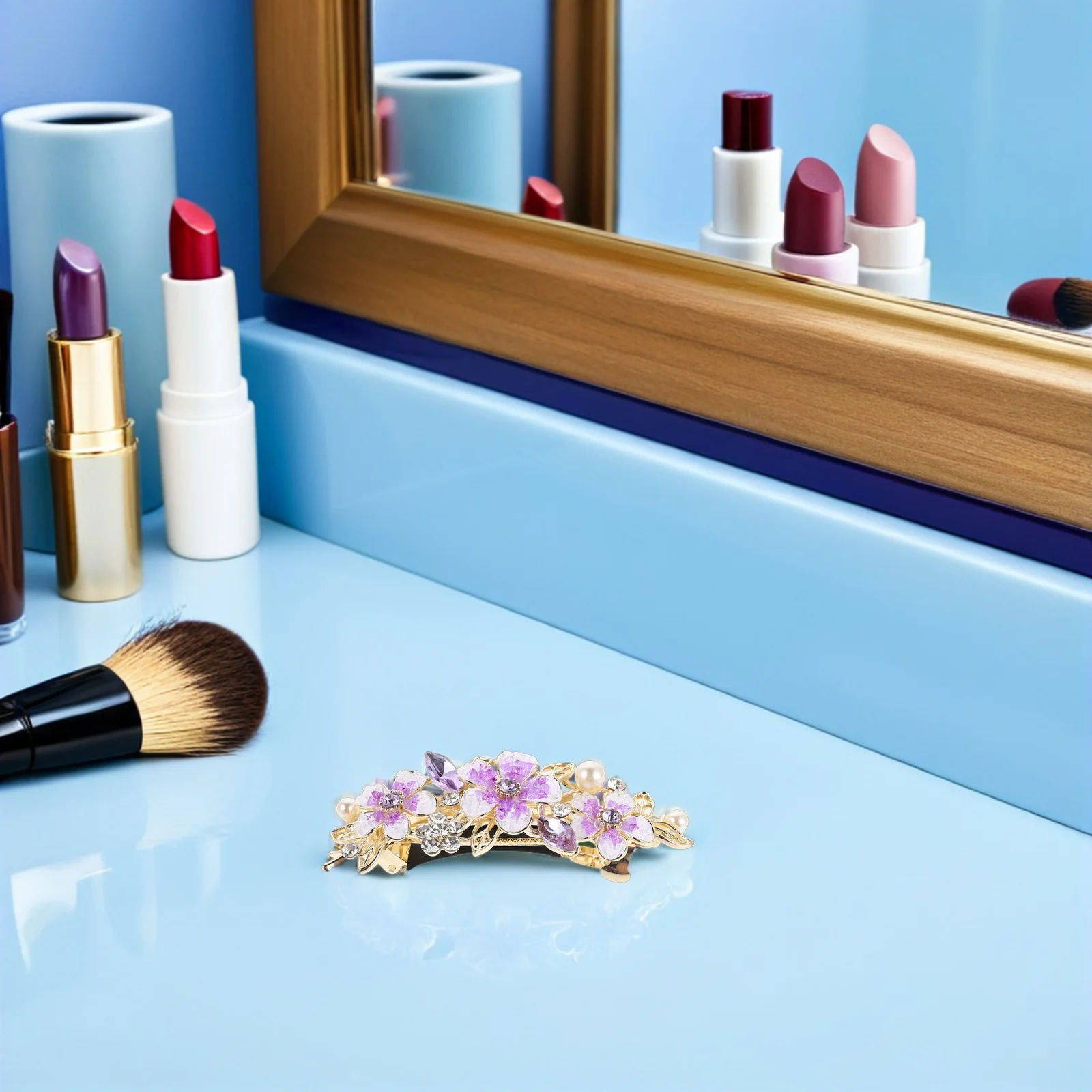 

Stylish Bun Clips French Style Purple Flower Rhinestone Hair Accessories Secure Hold Updo Ponytail Holder for Ladies