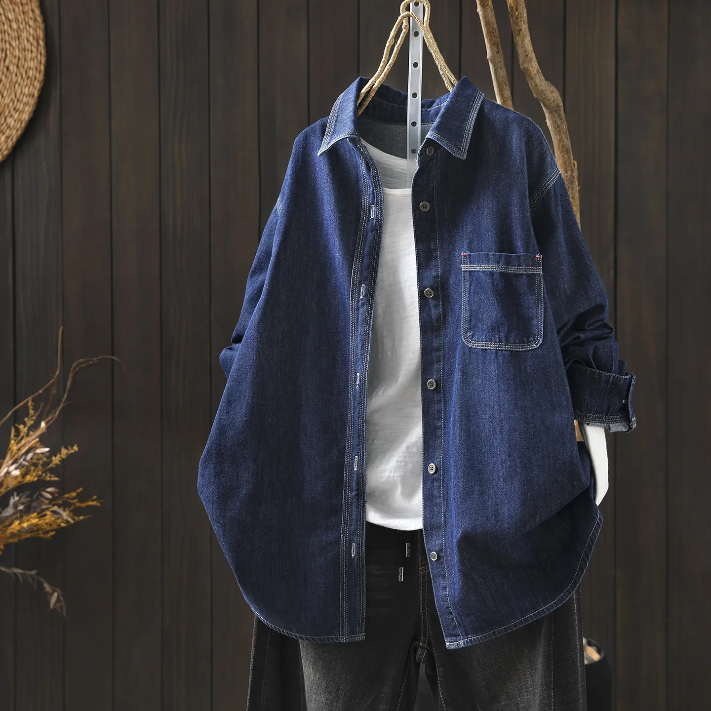 

Рубашки SuperAen синие джинсовые на одной пуговице для женщин, новинка 2026 года, весенние, в корейском стиле, свободные, элегантные, с длинными рукавами