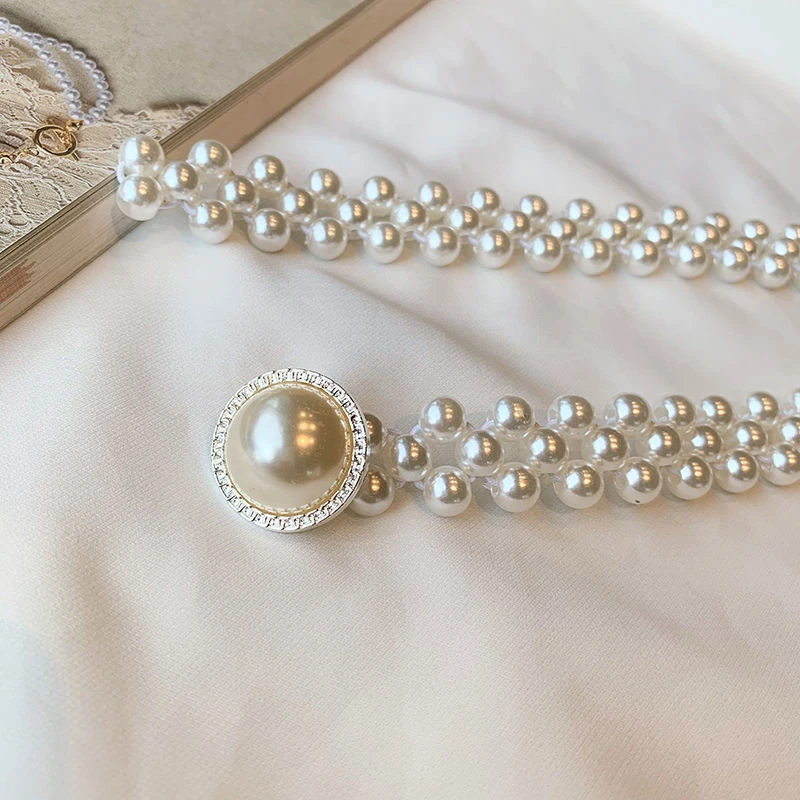 Large Pearl Waist Chain Women's Elastic Belt with Diamond Decoration All-match Skirt Fashion Casual Luxury Design Girdle Gothic