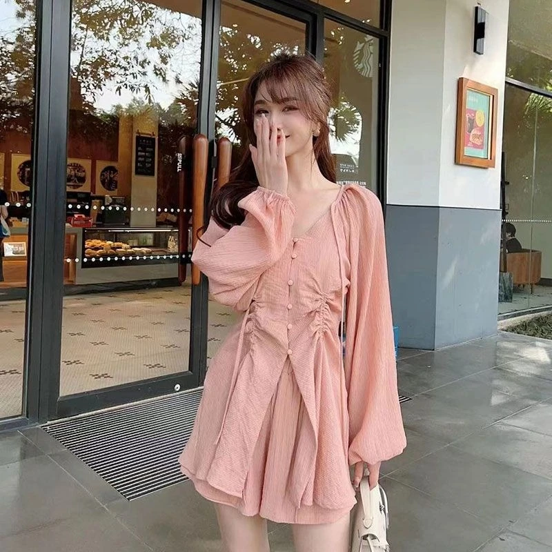 

Solid Color Long Sleeves Women's Shirts & Blouses Short Sets 2 Pieces Chiffon Casual Female Shorts New Products Trend 2025 Kit