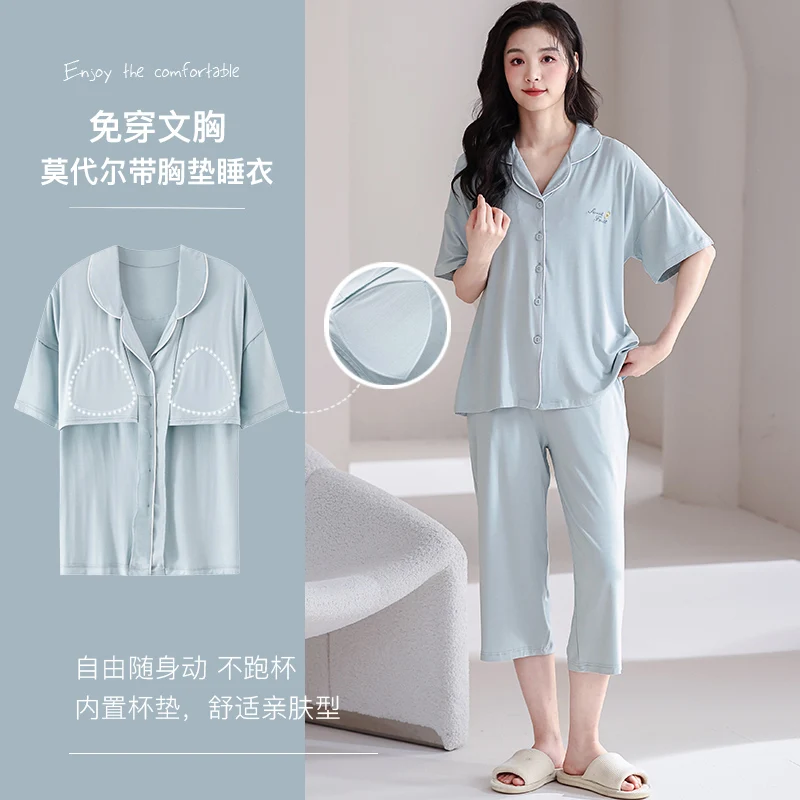 Newest Summer Turn-down Collar Sleepwear With Chest Pad Women Modal Pajamas Set Female Short Top+Calf-Length Pants Pijamas