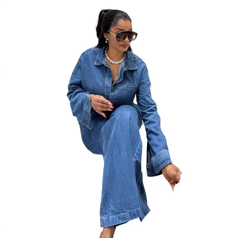 Casual Faionable damesdenimset Lange Sve-kraag en top met riem en rechte pijpen Broek Ensemble Cleanfit Lage taille PV...