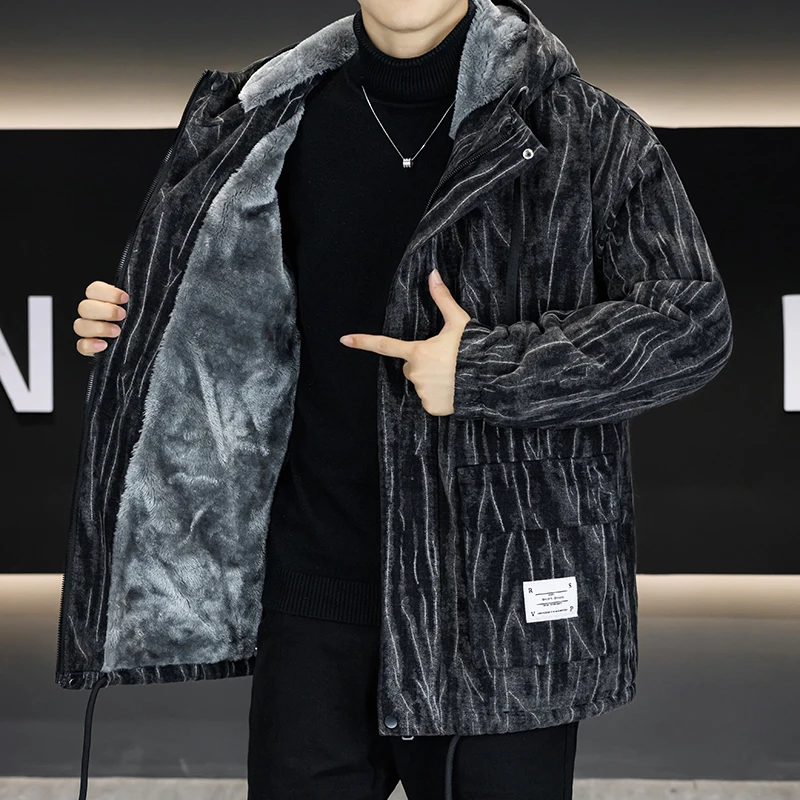 

High Quality Men's Striped Hooded Fleece Liner Windbreaker Jacket 2025 Winter Thicken Plush Coat Streetwear Warm Parkas Clothing