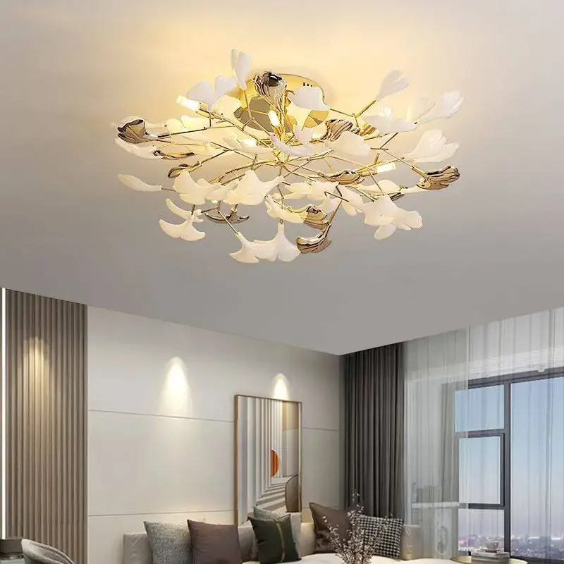 

2024 New Nordic Ginkgo Leaf Ceiling Lamp G9 LED Living Room Dining Room Chandelier Art Home Decoration Glossy Indoor Lighting