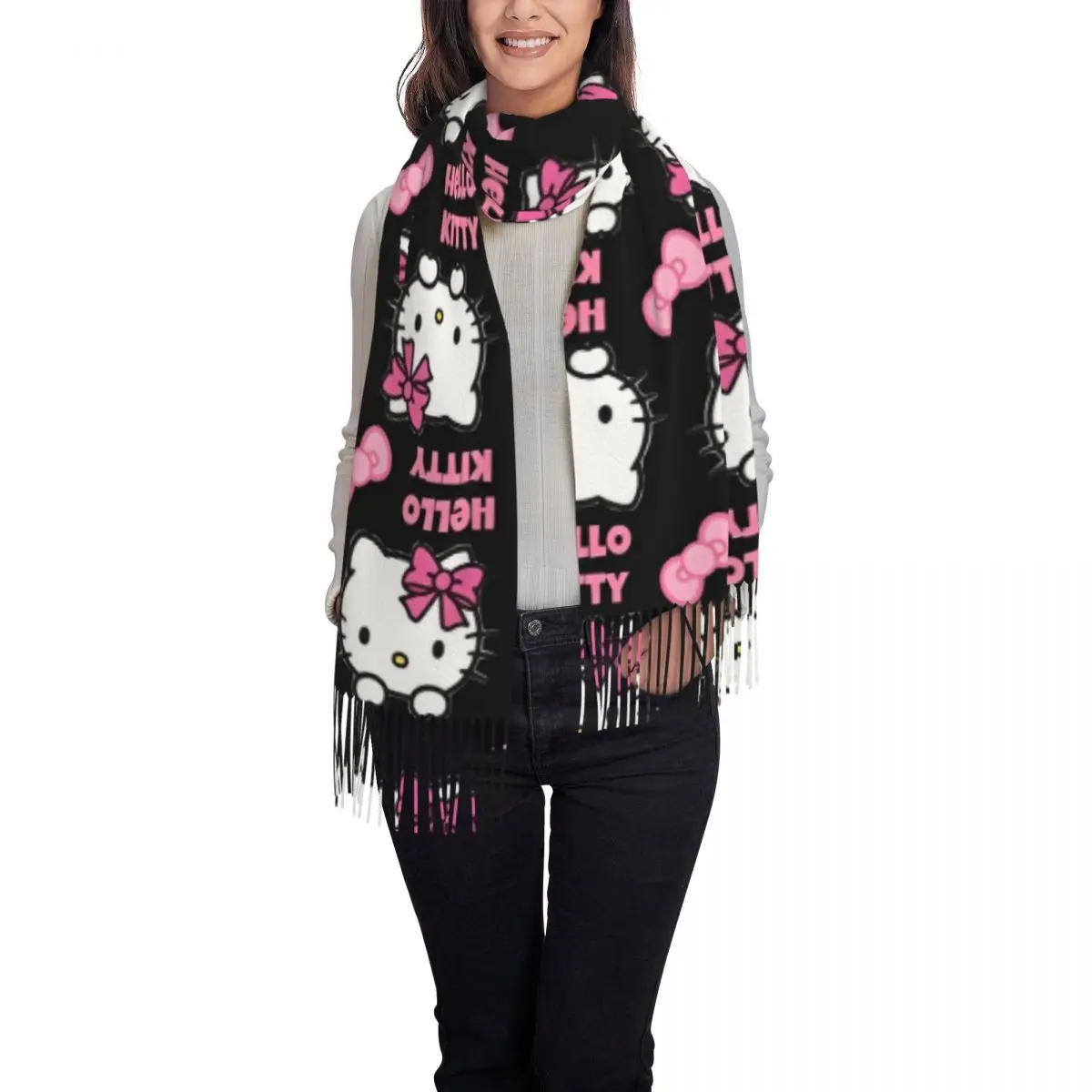 وشاح نسائي الدفء مرحبا كيتي القوس أغطية الرأس الأوشحة مع شرابة طويلة شال شعبي يلتف الشتاء الرسم Bufanda