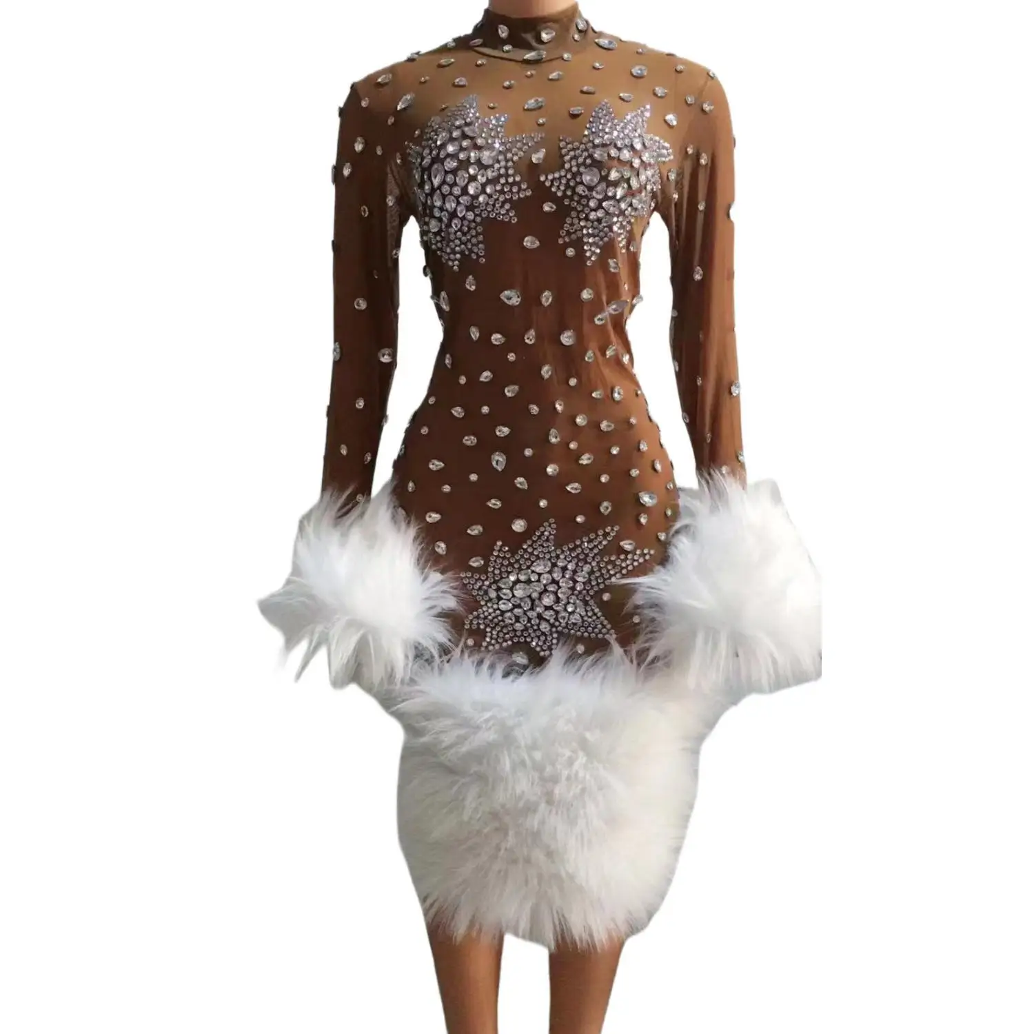 

New Products 2023 See Through Brown Mesh Sexy White Fur Dress Shiny Diamonds Crepe Evening Dresses for Party Red Carpet