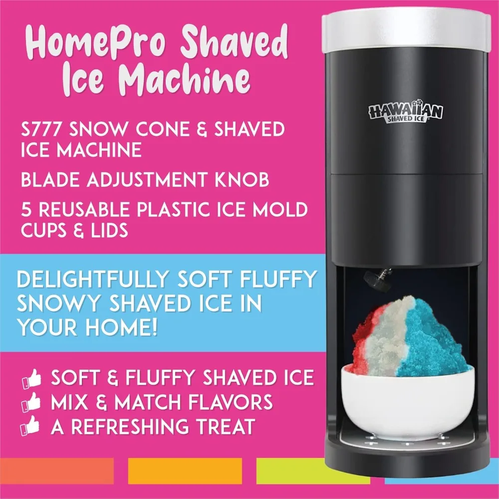 Hawaiian Shaved Ice S777 Snow Cone and Shaved Ice Machine with Blade Adjustment Knob and 5 Reusable Plastic Ice Mold Cups