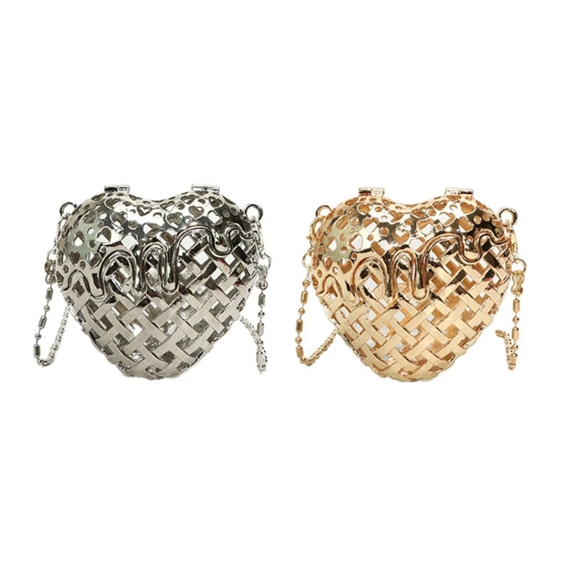 Mini Hollowed Heart Metal Bag for Women Detachable Chain Shoulder Crossbody Coin Purse Luxury Lipsticks Organizers E74B