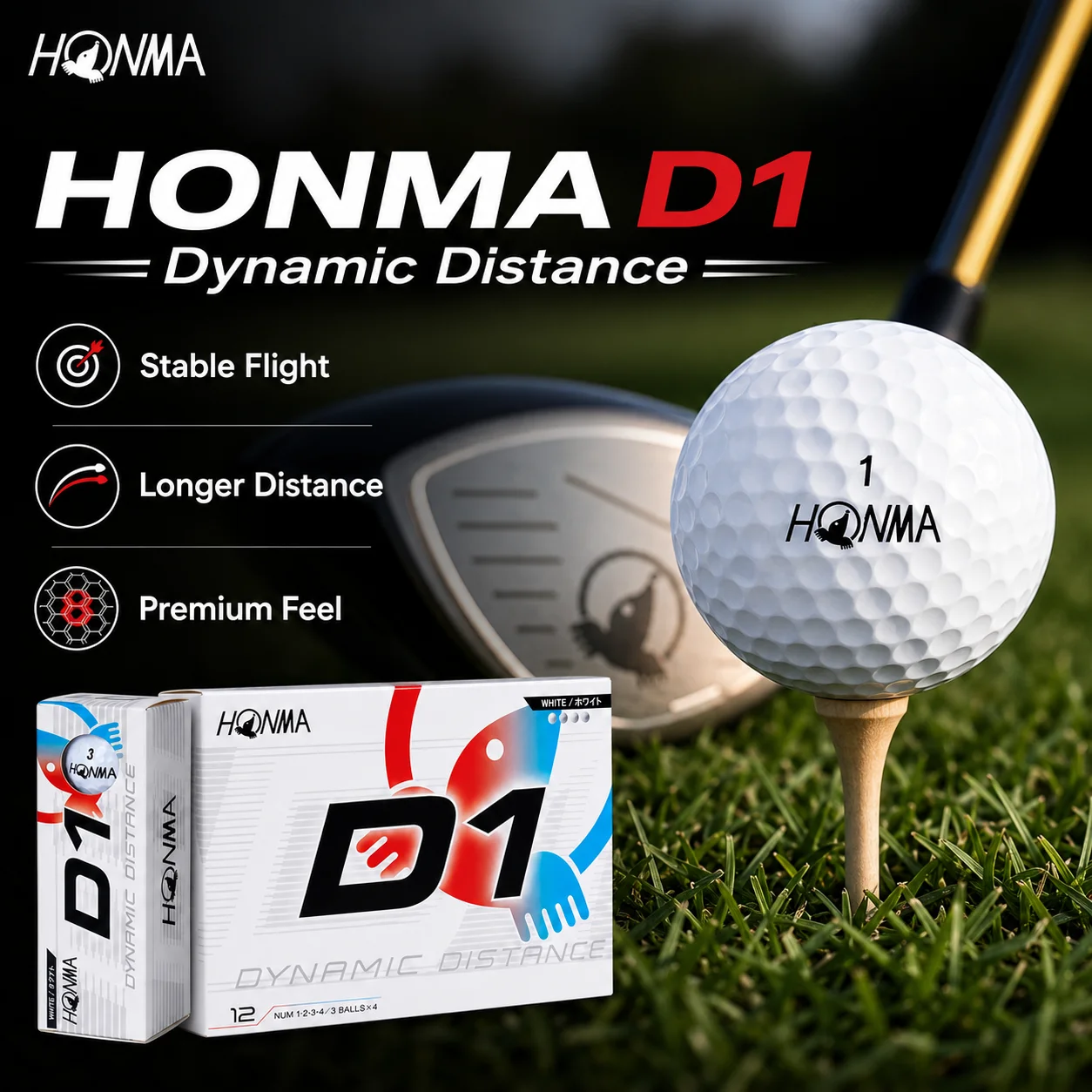 HONMA D1 Dynamic Distance Golf Ball 12 Pack Two Piece Low Spin Control Soft Feel High Visibility Golf Balls