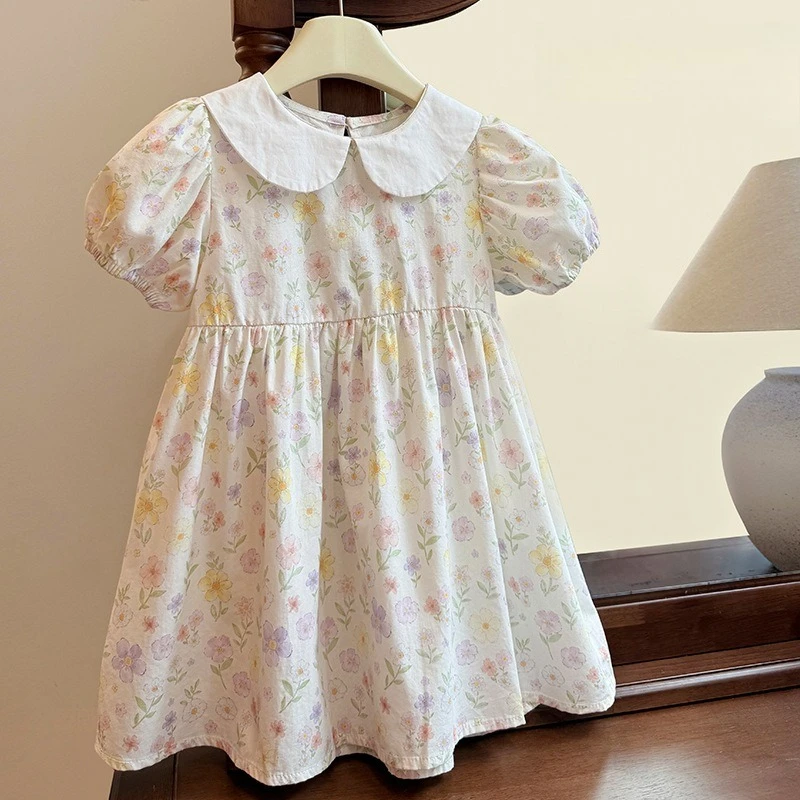 New Summer Pure Cotton Girls Dress, Sweet All Over Floral Print Korean Stylish Dress Trendy Outfit for Toddler Baby Little Girl