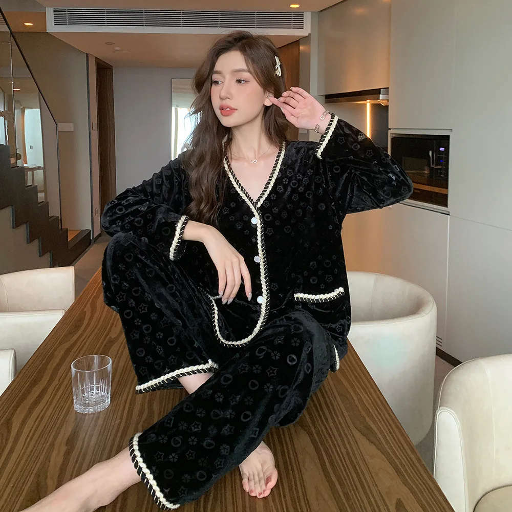 

Осенне-зимний золотой бархатный пижамный комплект, корейская бархатная домашняя одежда с v-образным вырезом