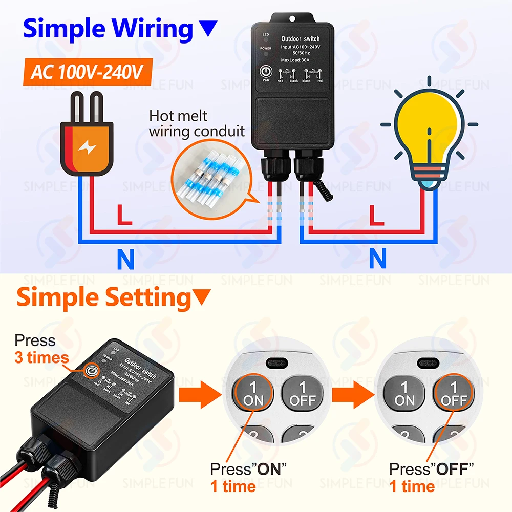 433Mhz Wireless Remote Control Switch 110V 220V Outdoor Waterproof,500m Control Range,30A High Power Relay,for Pump Lamp Fan