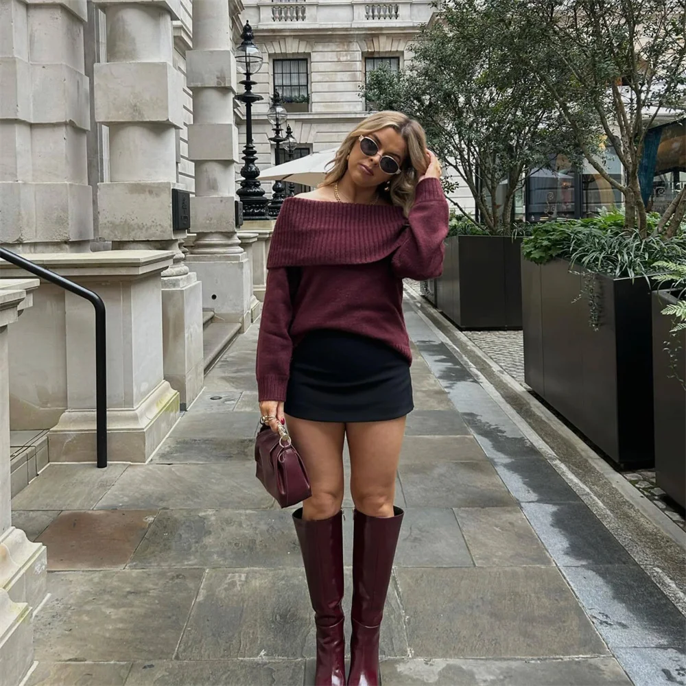 

Зимний новый продукт: фланцевый свитер с длинными рукавами на одно плечо, приталенный и облегающий вид, короткий вязаный свитер для женщин