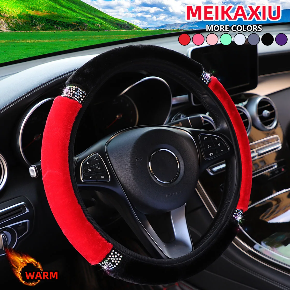 Diamond-Encrusted Winter Plush Steering Wheel Cover Shiny Blingbling Car Decorative Item for Women No Inner Ring Required