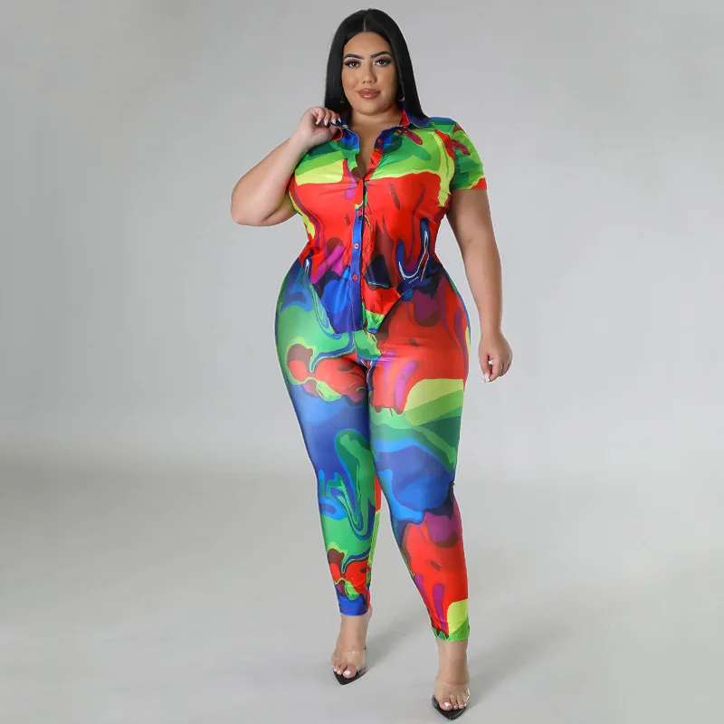 Plus Size Printed Two Piece Set Short Sleeve Lace Up Crop Top Pants 2 Piece Set Casual Streetwear Suit Summer Women Clothes 2023