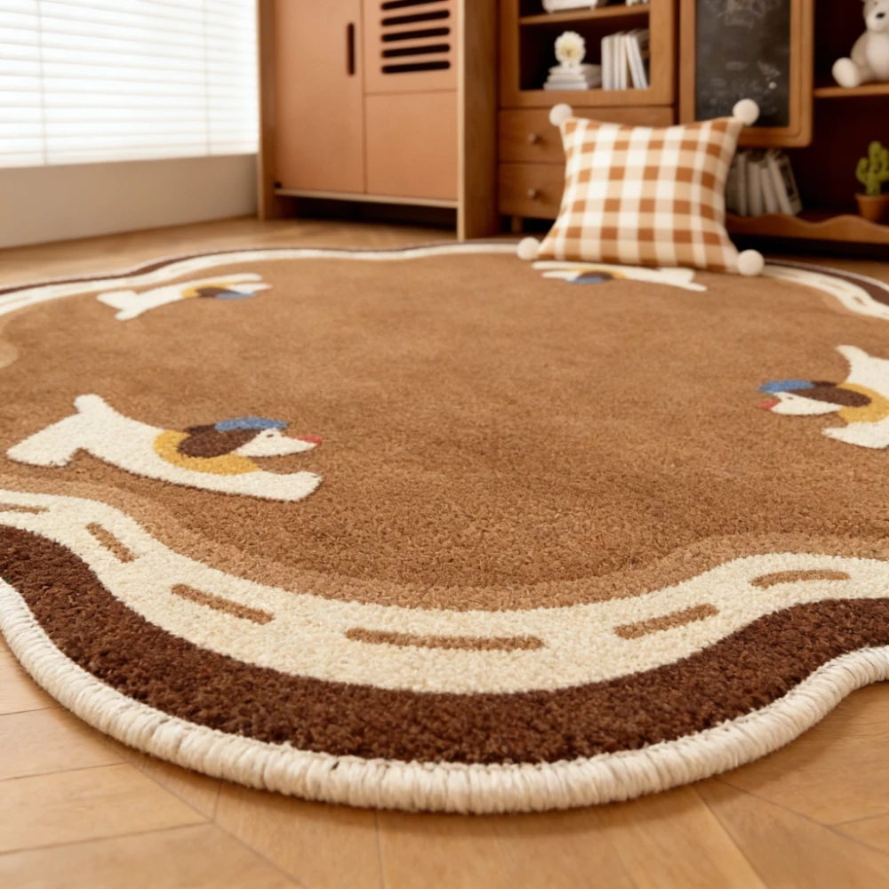 Round Carpet for Children's Reading Area Featuring Cartoon Dog,maroon Brown Polka Dots, Suitable for Bedroom Study, Sofa Mat