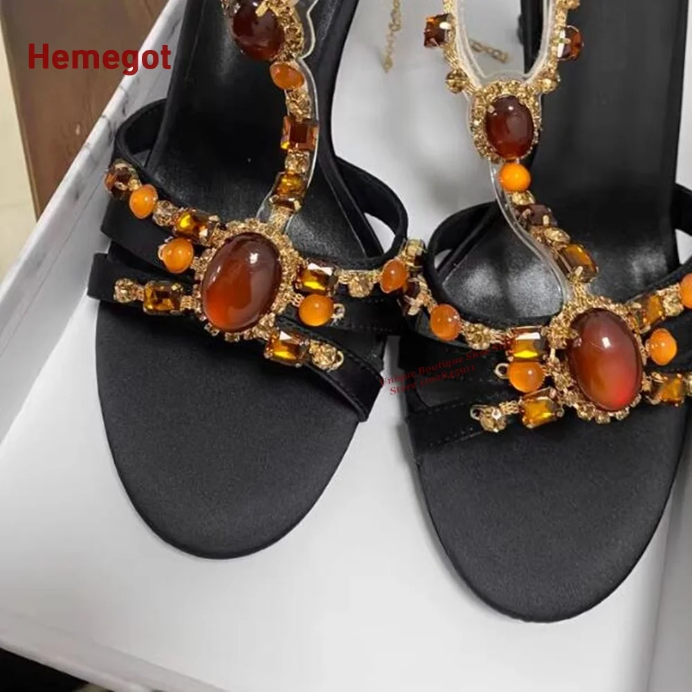 Gemstone T-Strap Sandals Crystal Pendant Open Toe Slingback Women's Sandals Newest 2024 Summer Cut Out Luxury Party Shoes Summer