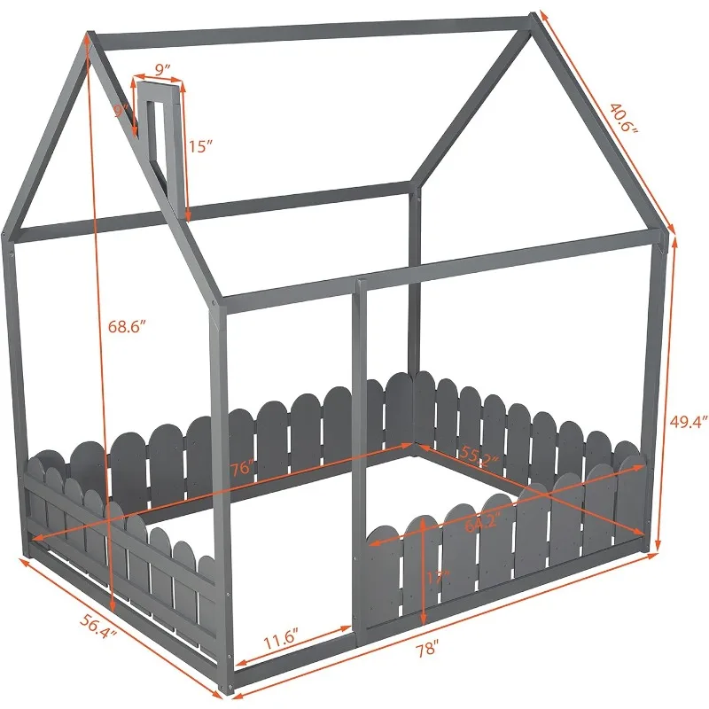 Cama infantil em formato de casa, camas baixas para crianças, estrutura de cama com plataforma de madeira para crianças, molas necessárias, fácil montagem