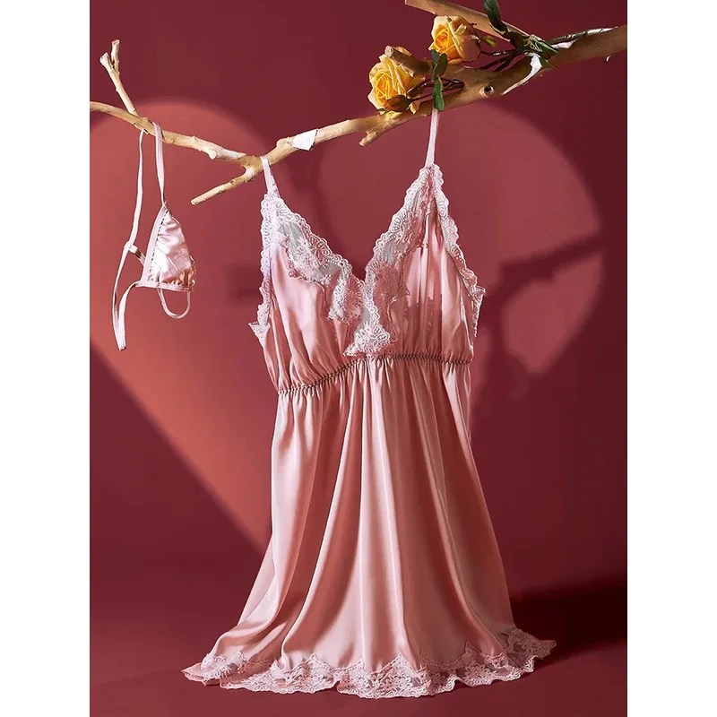 Women's Pink Lace-Trim Nightgown with Adjustable Straps and Matching Briefs Comfortable Soft Breathable Sleepwear Loungewear 2Pc