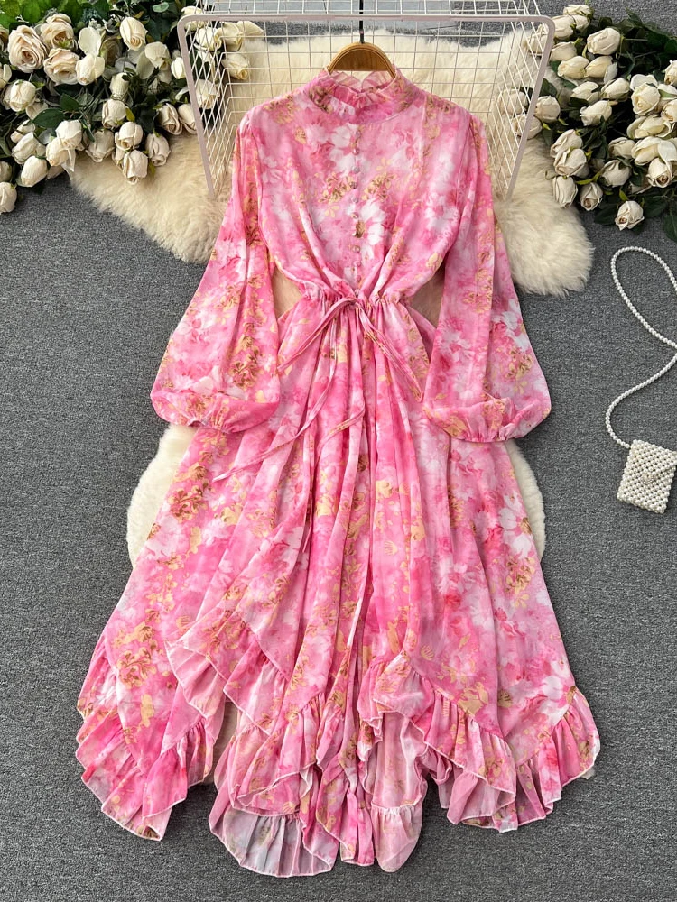 Vintage Blumen Chiffon Kleid Frauen Laterne Ärmel Freizeit kleider Frühling Auutmn Kordel zug Langarm Rüschen Rand langes Kleid