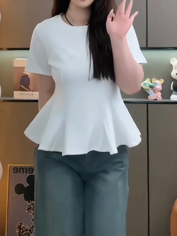 plus Size Summer ort Sve T-irt Women Slimming Waistline Floral  Cover Belly Slim Fit Bla Top Korean Sle Commute