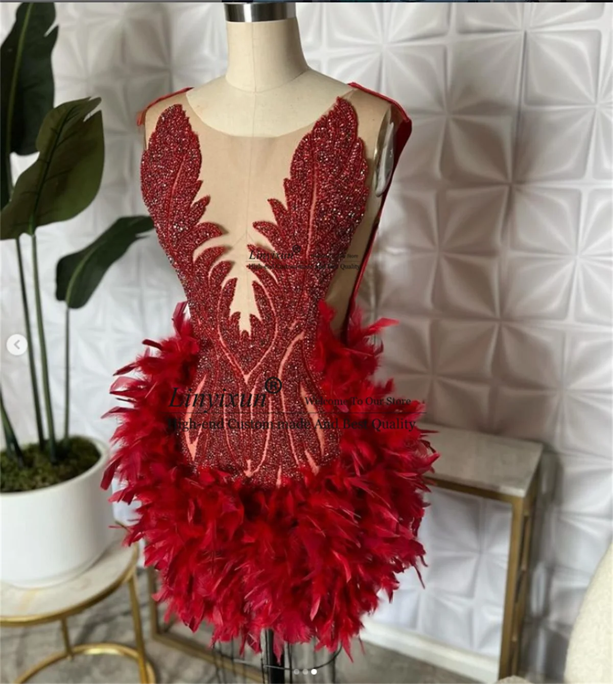 Red Sweetheart Short Prom Dress For Black Girls Beaded Crystal Feathers Homcoming Party Dresses Luxury Mini Abiti Da Cocktail