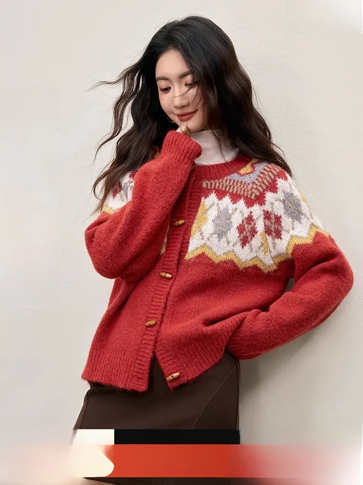 

Ice Island Series New Year Red Fair Isle Knitwear Women's round Ne Warm Cardigan Embroidered Pattern Long Sve Loose Fit