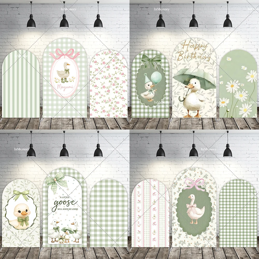 Cute One Silly Goose Arch Backdrop Cover Baby 1st Birthday Party Decor Green Plaid Striped Kids Photo Photography Background