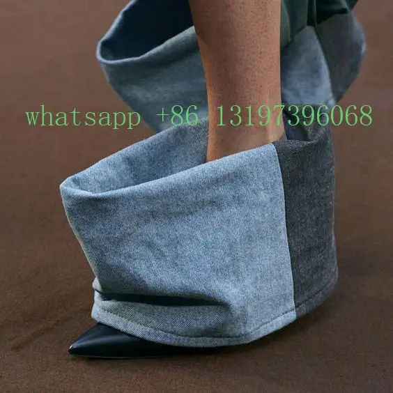 

Lady runway jeans cowboy boots sexy pointed toe calf denim blue boots summer fall dress high heels boots 10.5cm-12cm footwear 48