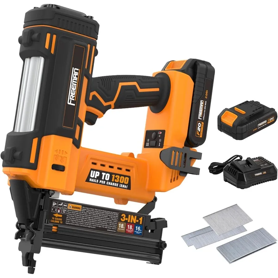 

20-вольтовый беспроводной гвоздезабиватель/степлер 3-в-1, 16 и 18 калибра, с сумкой для хранения зарядного устройства для литий-ионных аккумуляторов и крепеж на 600 шт.