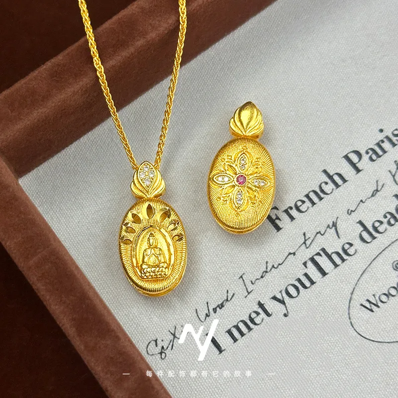 

Light Luxury Women's 9999 24K Real Gold Diamond Hollow Carved Buddha Pendant New Chinese Style Buddha Necklace