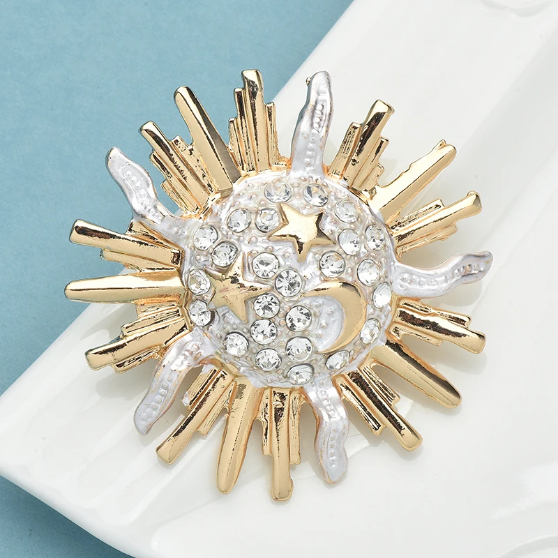 Wuli&baby Shining Lovely Sun Brooches For Women Unisex Rhinestone Star-eyes Moon-mouth Smiling Sun Party Office Brooch Pins Gift