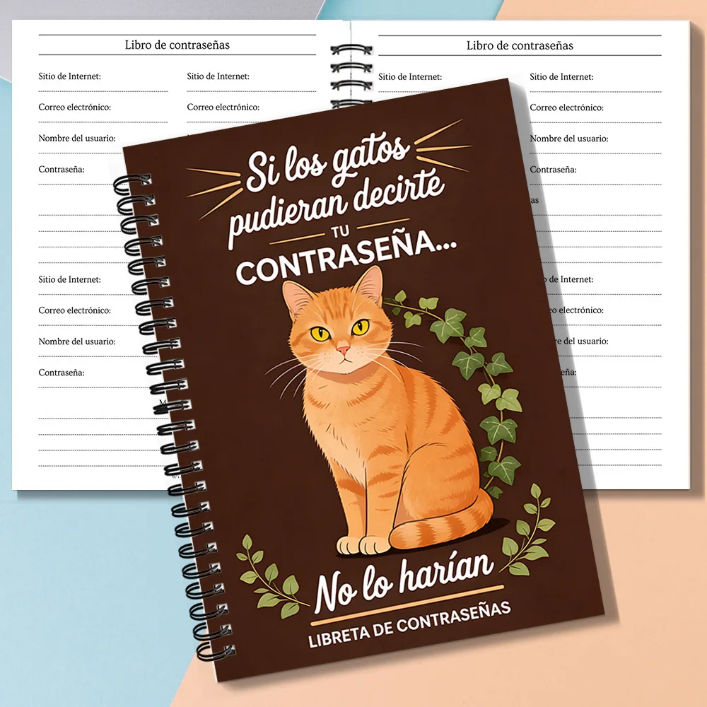Carnet de notes à spirale Orange Cat Spanish Password Keeper Book, pour les propriétaires de chats, stockage de données personnelles, organisation des mots de passe, idée