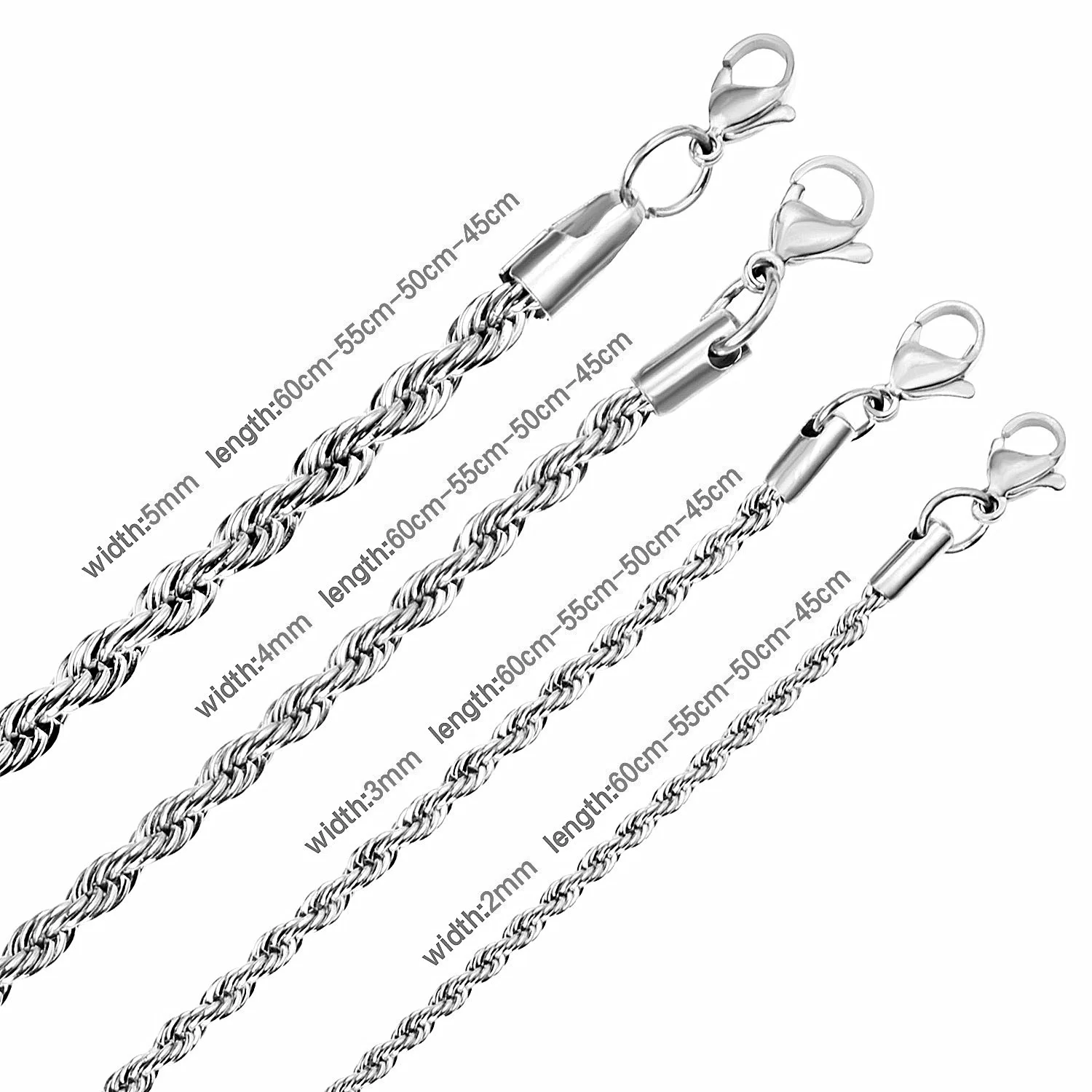 1 Stück Silberfarbene Kette, Breite 2mm/3mm/4mm/5mm, Seilkette für Männer und Frauen, Edelstahl, Gedrehte Singapore-Kette zum Schichten – Detail 10