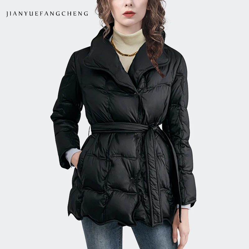 2022 herbst Winter Frauen Unten Jacke Schwarz Mantel Lose Mode Anzug Kragen Warme Leichte Weiße Ente Unten Kurze Jacke Mit gürtel