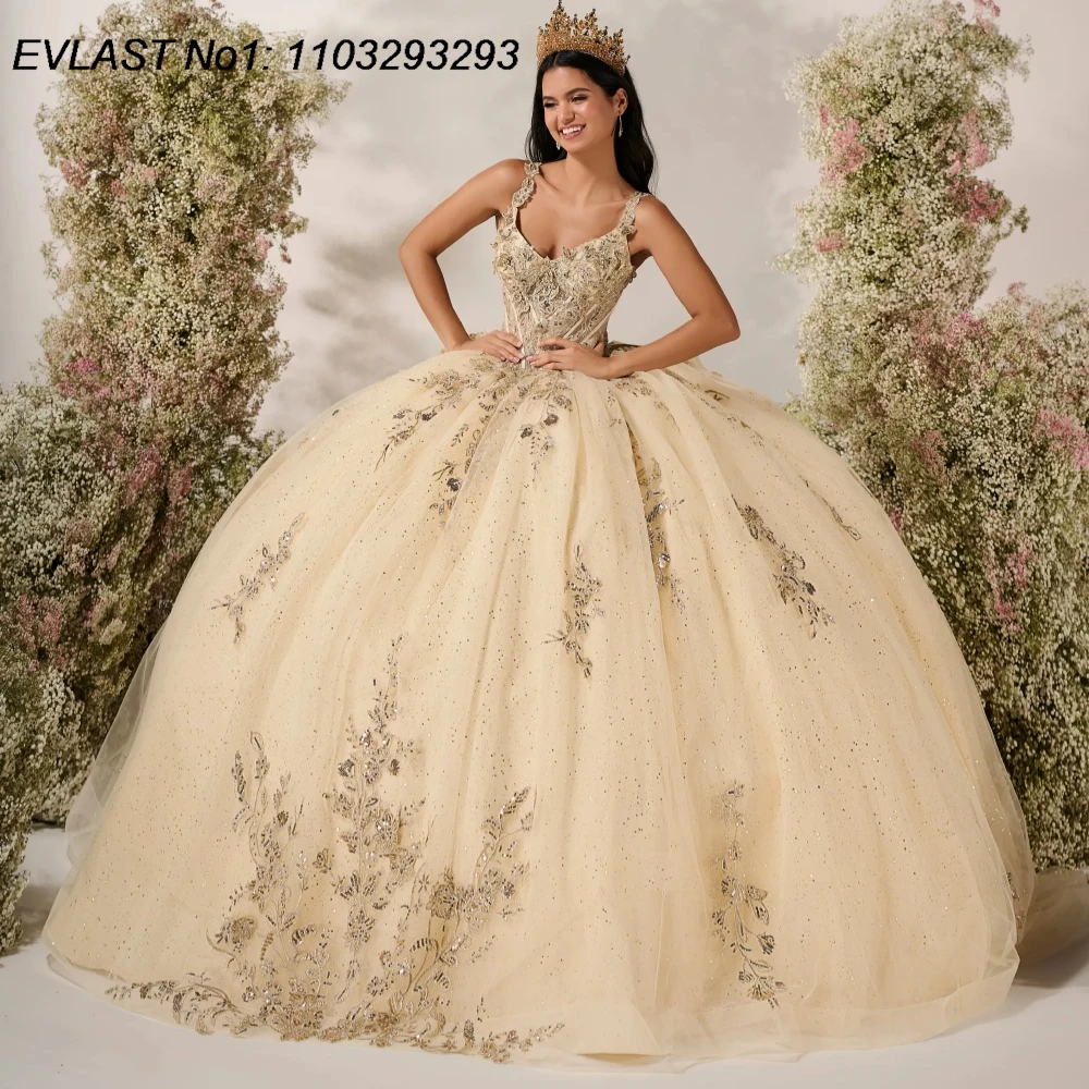 

EVLAST Customized Shiny Champagne Quinceanera Dress Ball Gown Lace Applique Beading Corset Sweet 16 Vestidos De 15 Anos E1QN754