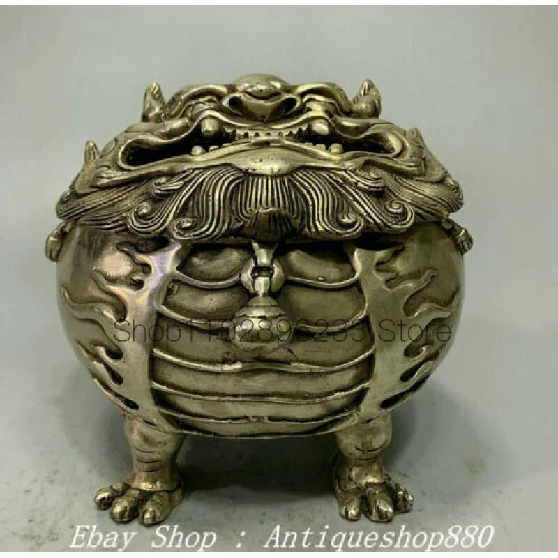 Old China Daming Xuande Marked Silver Dragon Lion Head Incense Burner Censer