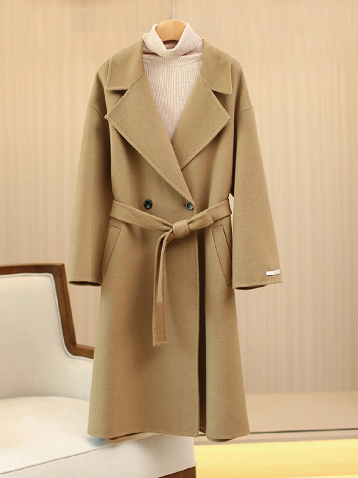 

Ele Mid-Length Double-Breasted Woolen Coat Women's Waist-Cinching Hebe Sle Winter Faion Outerwear by Wimigirls