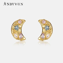 ANDYWEN 925 Sterling Silver Gold Colorful Moon Rainbow CZ Stud Earring Clips Piercing Luxury Fine Jewelry Pendientes