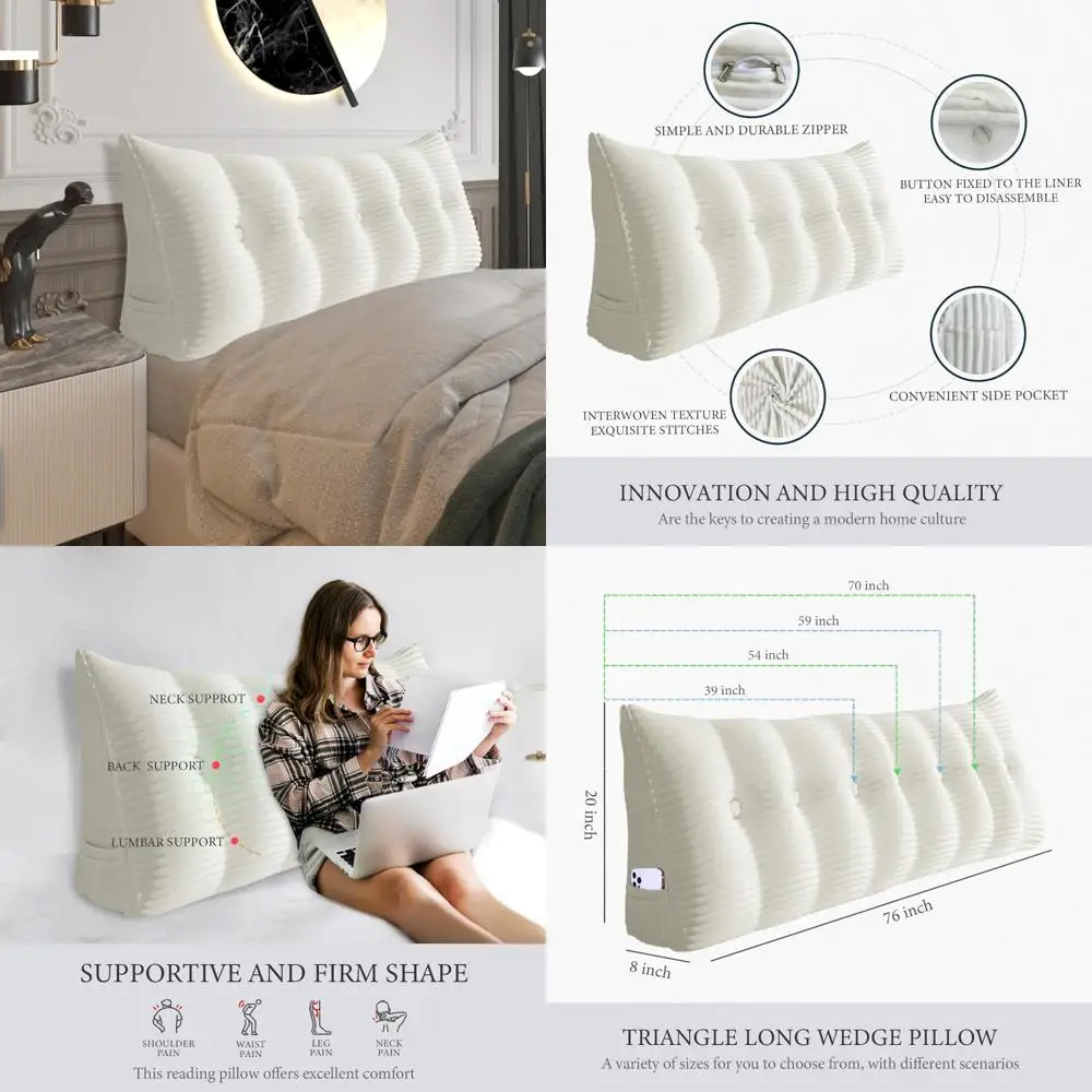 

Queen Size Fully Stuffed Padded Headboard Pillow with Firm Support and Soft Bolster for Large Triangular Bed Wedge Comfort
