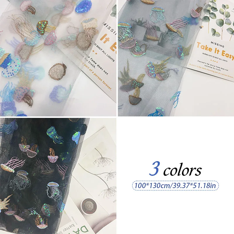 

Colorful Mesh Embroidery Jellyfish Shell Fishes Sequin Designs DIY Clothing Skirt Dress Tulle Netting Soft Gauze Lace Fabrics